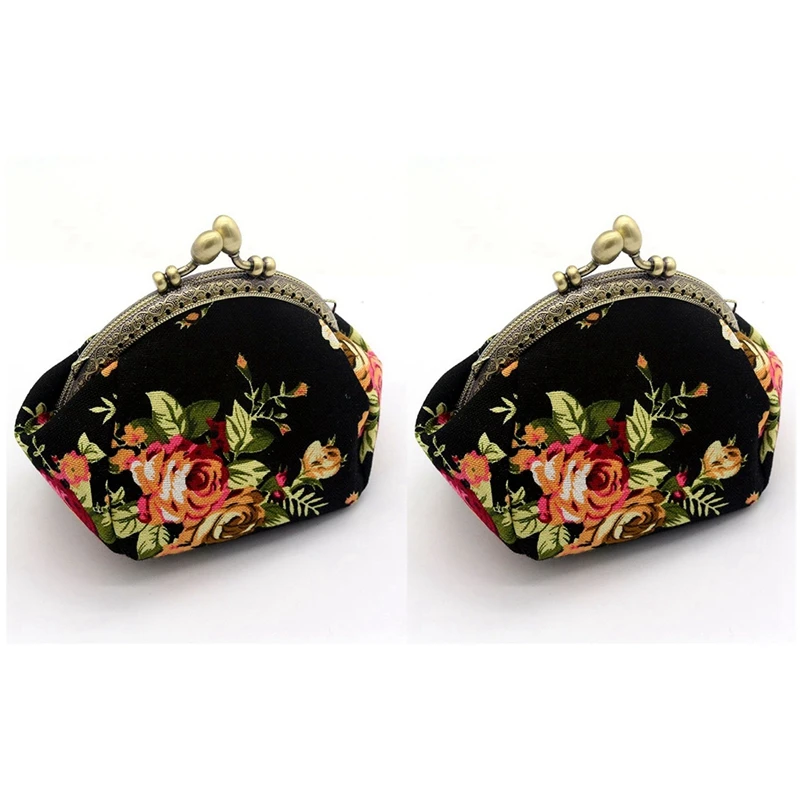 

2X Wallet,Lady Vintage Flower Mini Coin Purse Wallet Clutch Bag (Black)