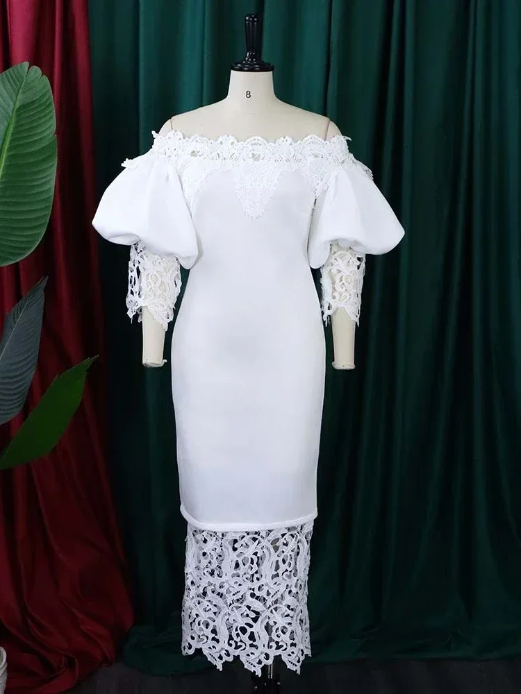 Elegant African Women\'s Tight Lace Bubble Sleeve Off Shoulder Sexy Mid Waist Dress Wedding Graduation Party Sisters Gown