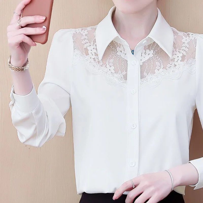 2024 New Summer Sexy Retro Elegant Fashion Loose Office Lady Lace Solid Color Hollow Out Button V Neck Long Sleeve Y2K Chic Tops