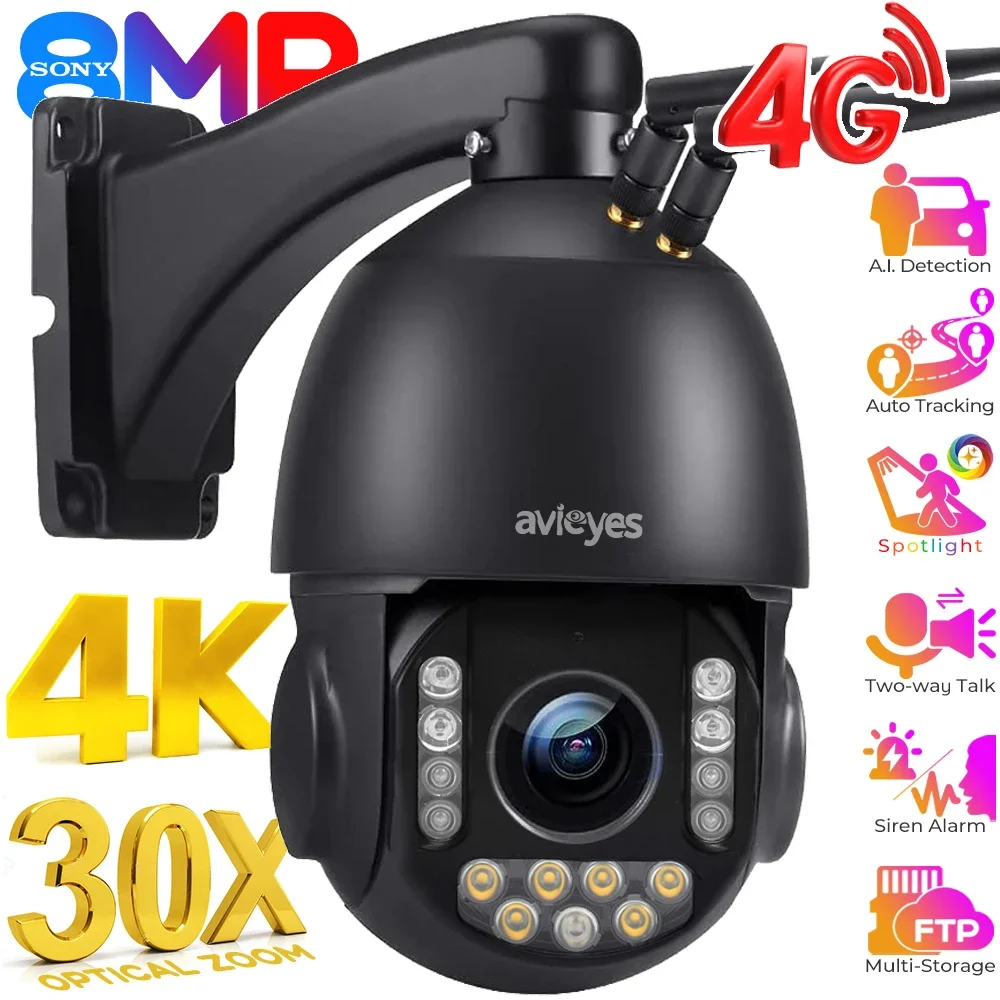 4K 30X Optical Zoom 4G LTE/WiFi PTZ IP Security Camera Outdoor 8MP Color Night Vision Auto Tracking Sim Card Surveillance Camera