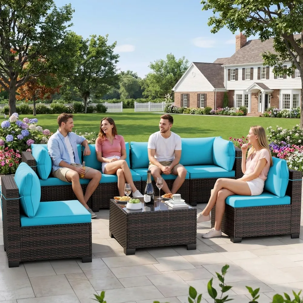 7-Piece Outdoor Rattan Sectional Sofa with Glass Coffee Table, All-Weather PE Wicker & Thick Cushions for Garden & Patio, Custom