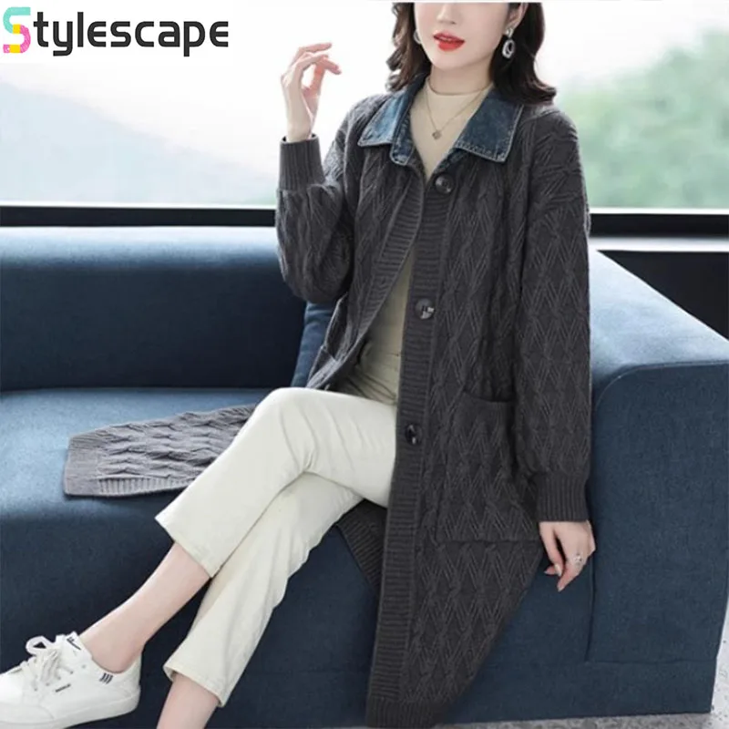 

Cowboy collar cardigan, women's mid length sweater, knitted autumn and winter knee length coat, worn with jacquard pocket jacket
