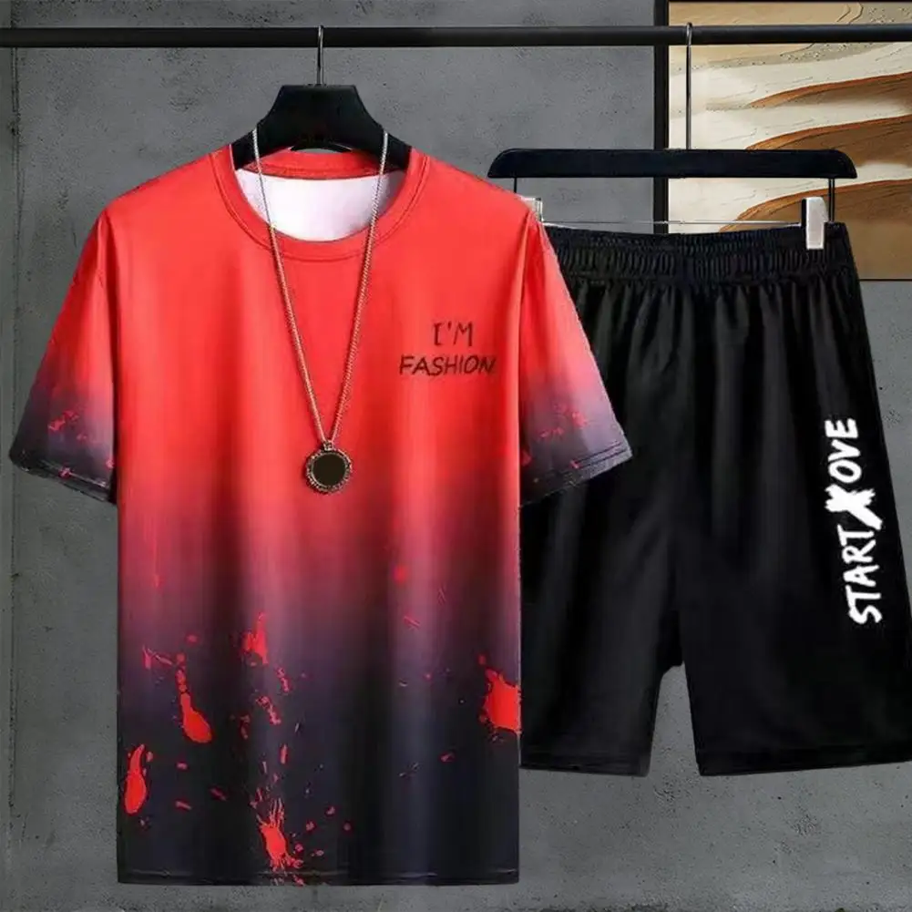 2Pcs/Set O-Neck Short Sleeve Casual Outfit Pockets Ice Silk Men Gradient Color Letter Print Men Tracksuits T-shirt Shorts Set