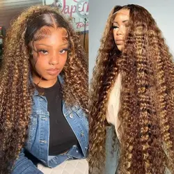 HD transparent Curly highlight Brazilian lace wig 13x6 human hair 30 inch lace frontal wig for women choice on sale