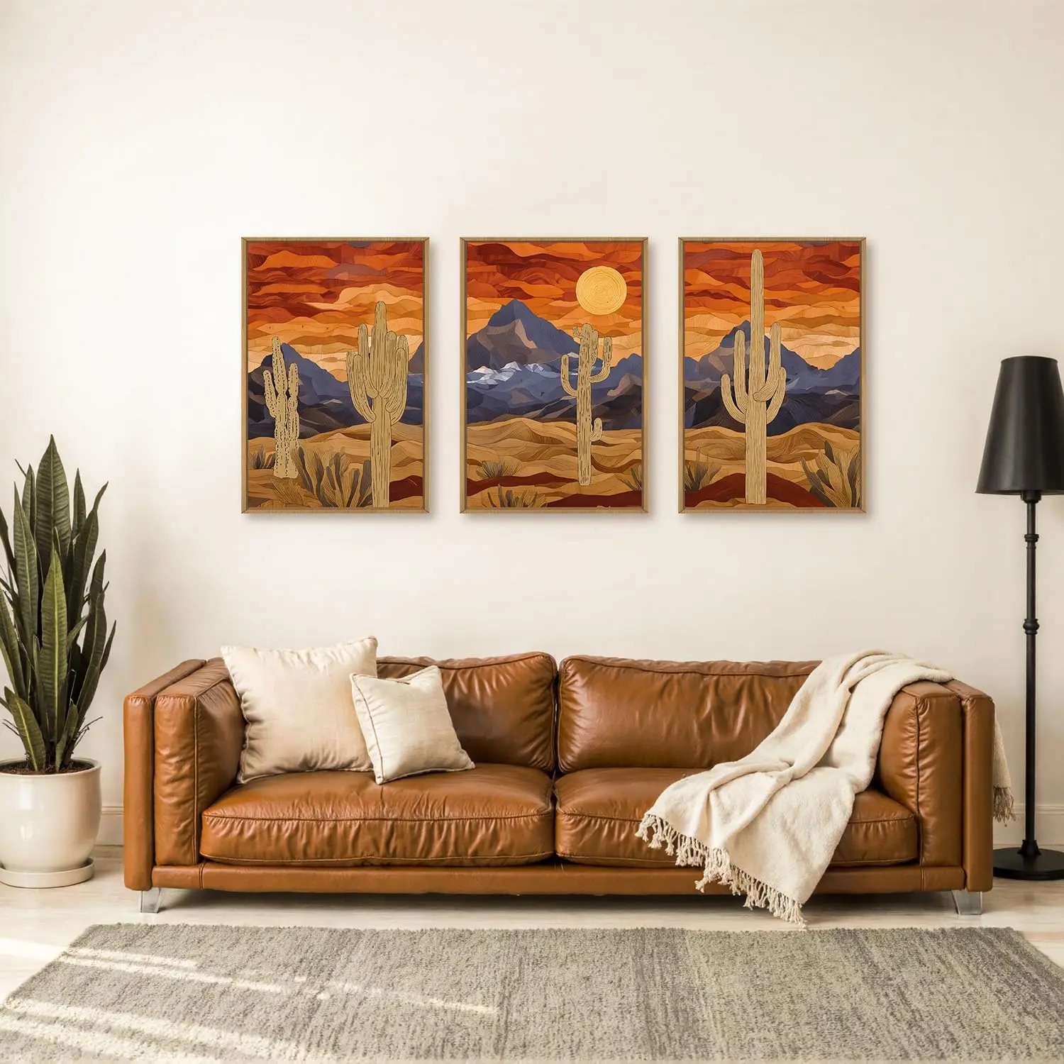 3pcs frameless Canvas Painting 3pcs/Set Desert Canvas Wall Art Abstract Sun Cactus Painting Artworks, Simple Living Room, Bedroo