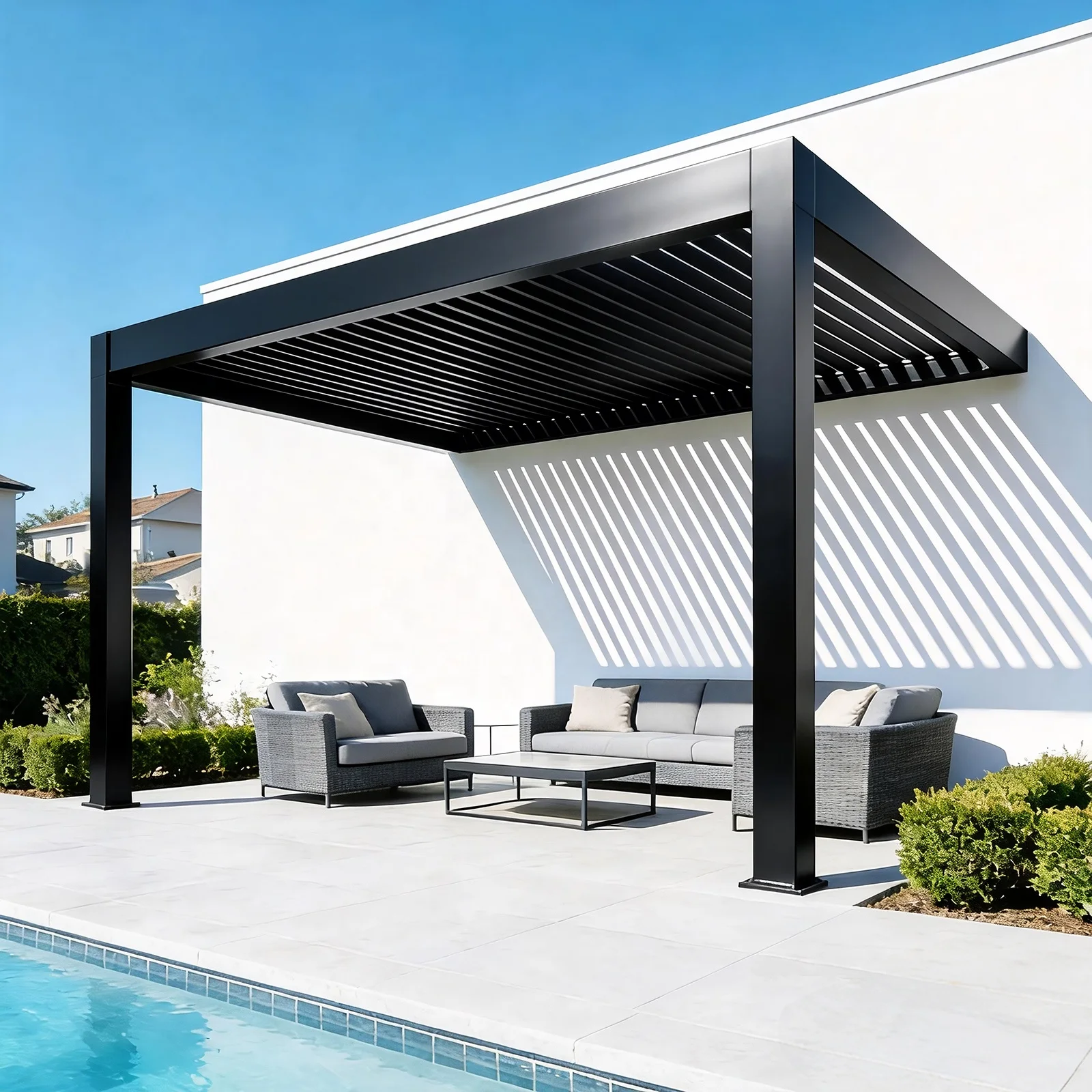 Waterproof Electric Panel Slatted Building Deck Villa Roof Canopy Gazebo Bioclimatic Blinds Aluminum Pergola Windows Customized