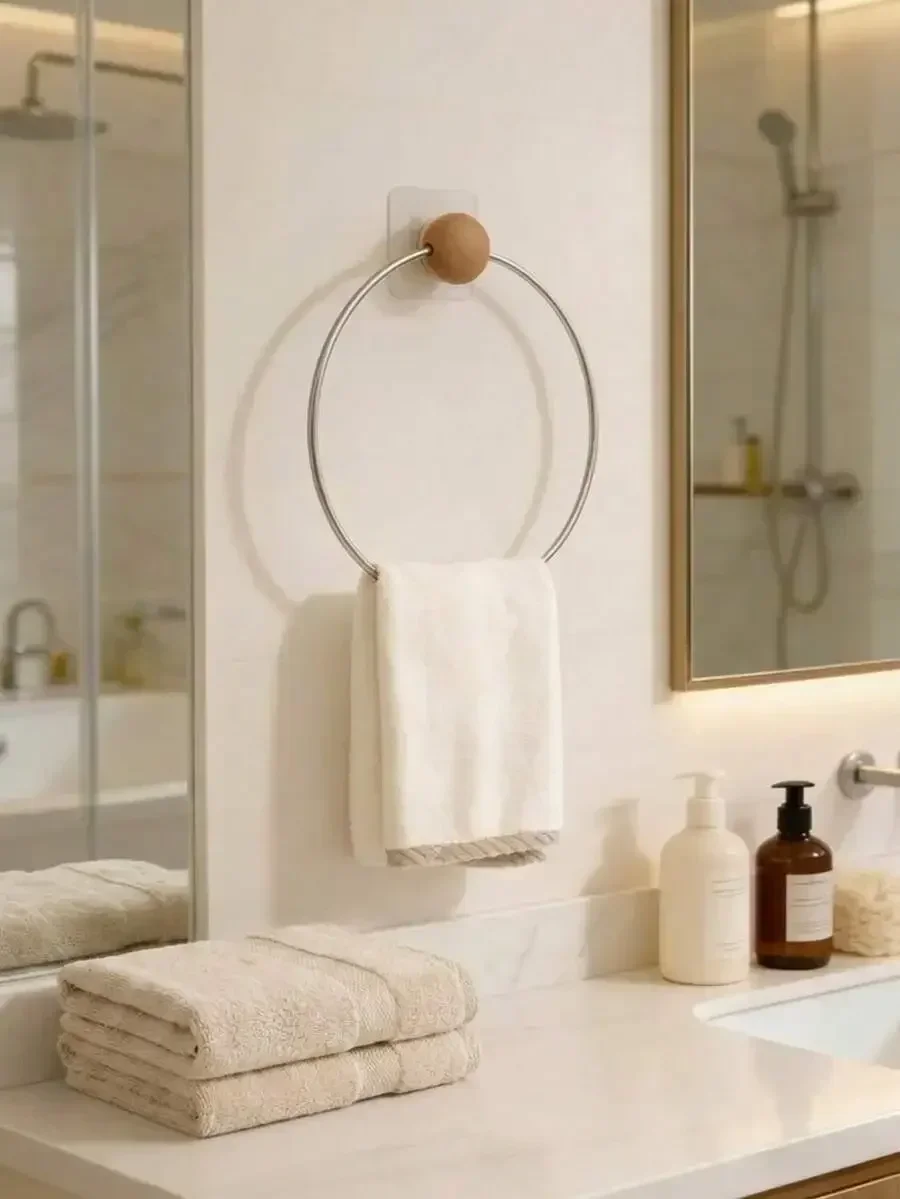 Modern Towel Ring For Bathroom, Adhesive Wall Mounted Hand Towel Holder, Stainless Steel & Wood Towel Rack, No-Drill