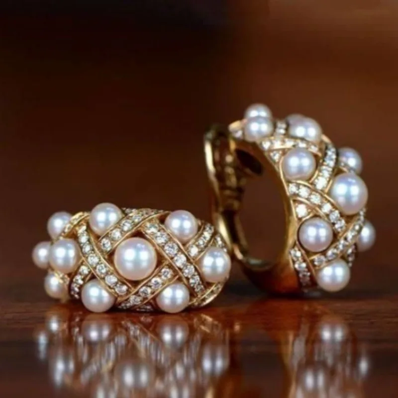 Luxury Inlay Grid Synthetic Zircon Pearl Hoop Earrings For Women Sparkling Banquet Party  Earrings Fashion Charm Jewelry