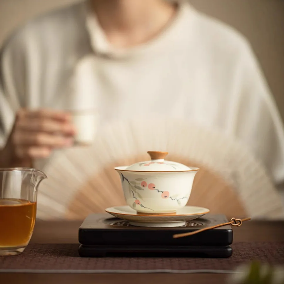 Grass and Wood Gray Hand-Painted Lucky Persimmon Gaiwan Large Single High-End Household Tea Brewing Bowl with Lid