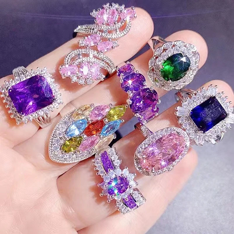 Wholesale 20/50Pcs/Lot Inlaid Colour Zircon Copper Alloy Women\'s Ring Korean luxurious Mixed Styles Finger Accessories Jewelry