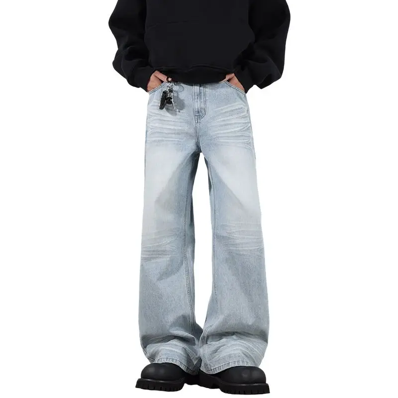 American Retro Crack-washed Distressed Lightning-shaped Flared Jeans High Street Loose Jeans for Both Men and Women Man Pants