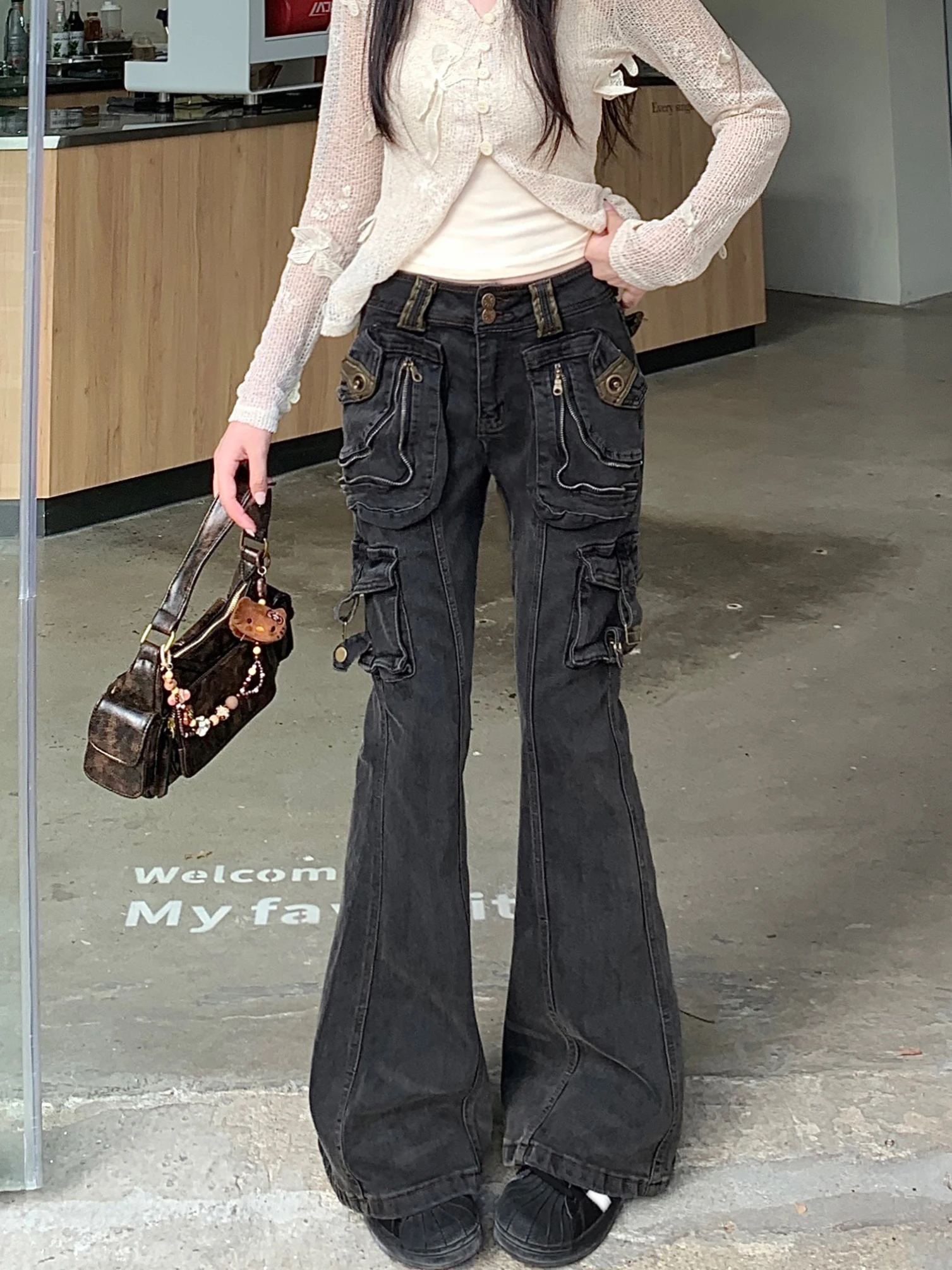 Women Japanese Bell-Bottom Denim Pants Harajuku Y2K Shoujo Flare Cargo Pants Long Trousers 2000S Aesthetic Flare Jean Cyber Punk