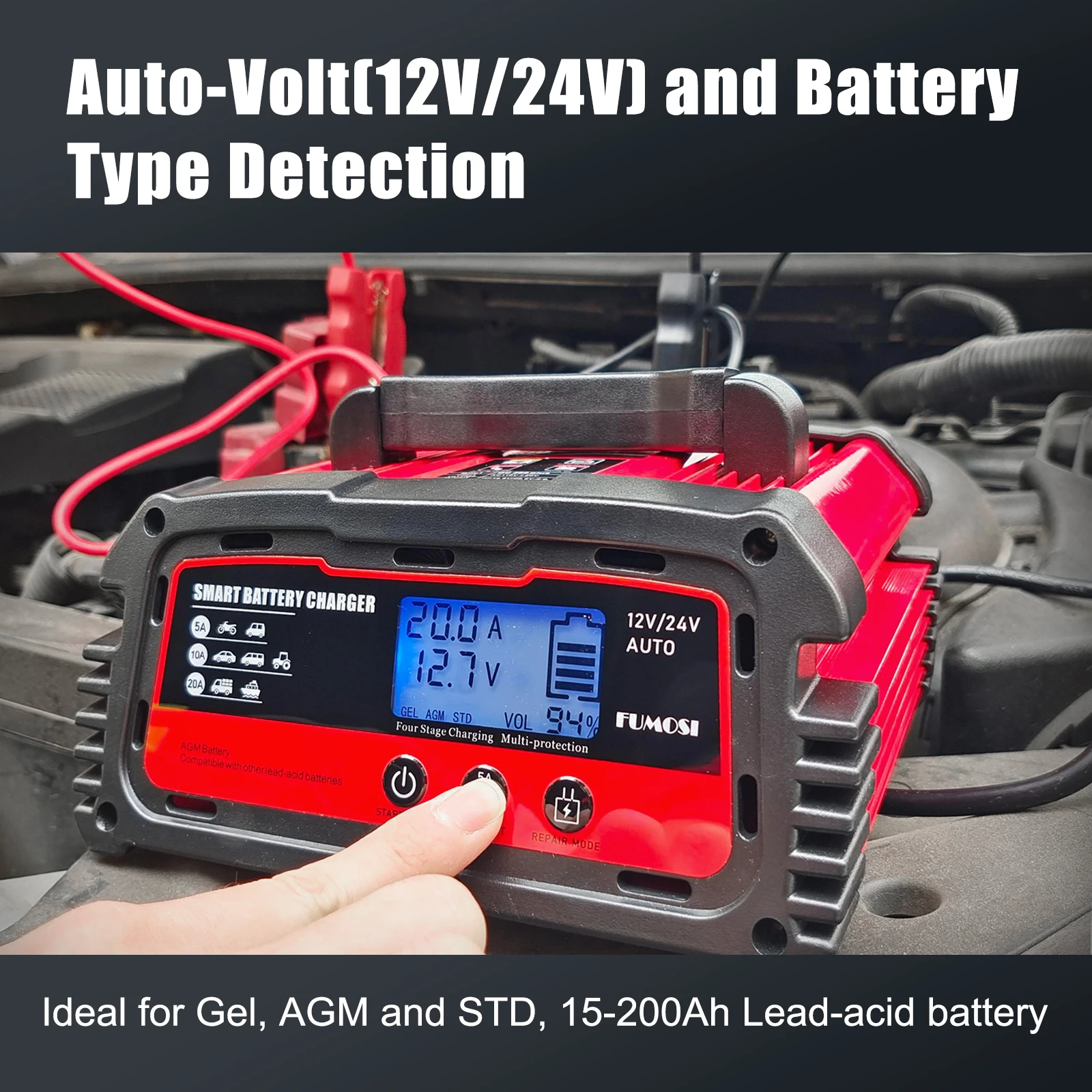 100A Smart Car Battery Charger Intelligent 12V 24V Lead Acid Battery LED Display Smart Automotive Truck Motorcycle Car Charger