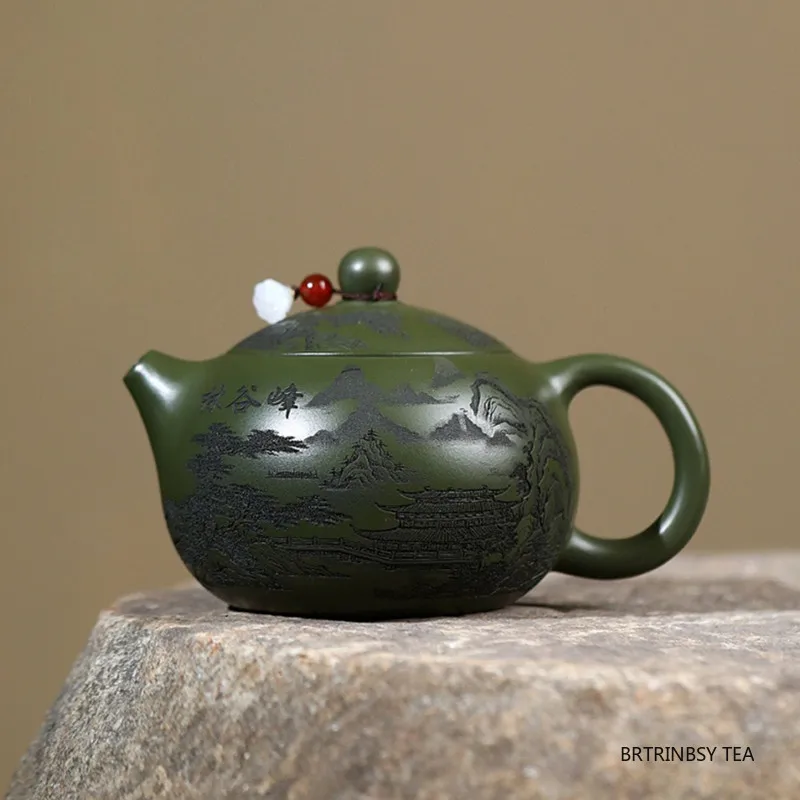 

Chinese Yixing Purple Clay Teapot Hand-carved Landscape Tea Pot Raw Ore Green Mud Kettle Household Handmade Zisha Tea Set 320ml