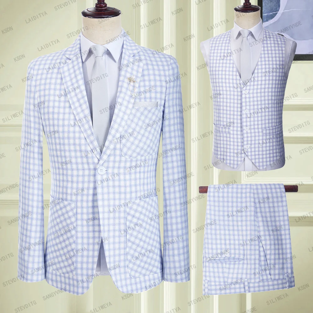 2024 Men Suit White Check Light Blue Strip Pattern Formal Business Blazers Slim Fit 3 Pieces Fashion Wedding Sets