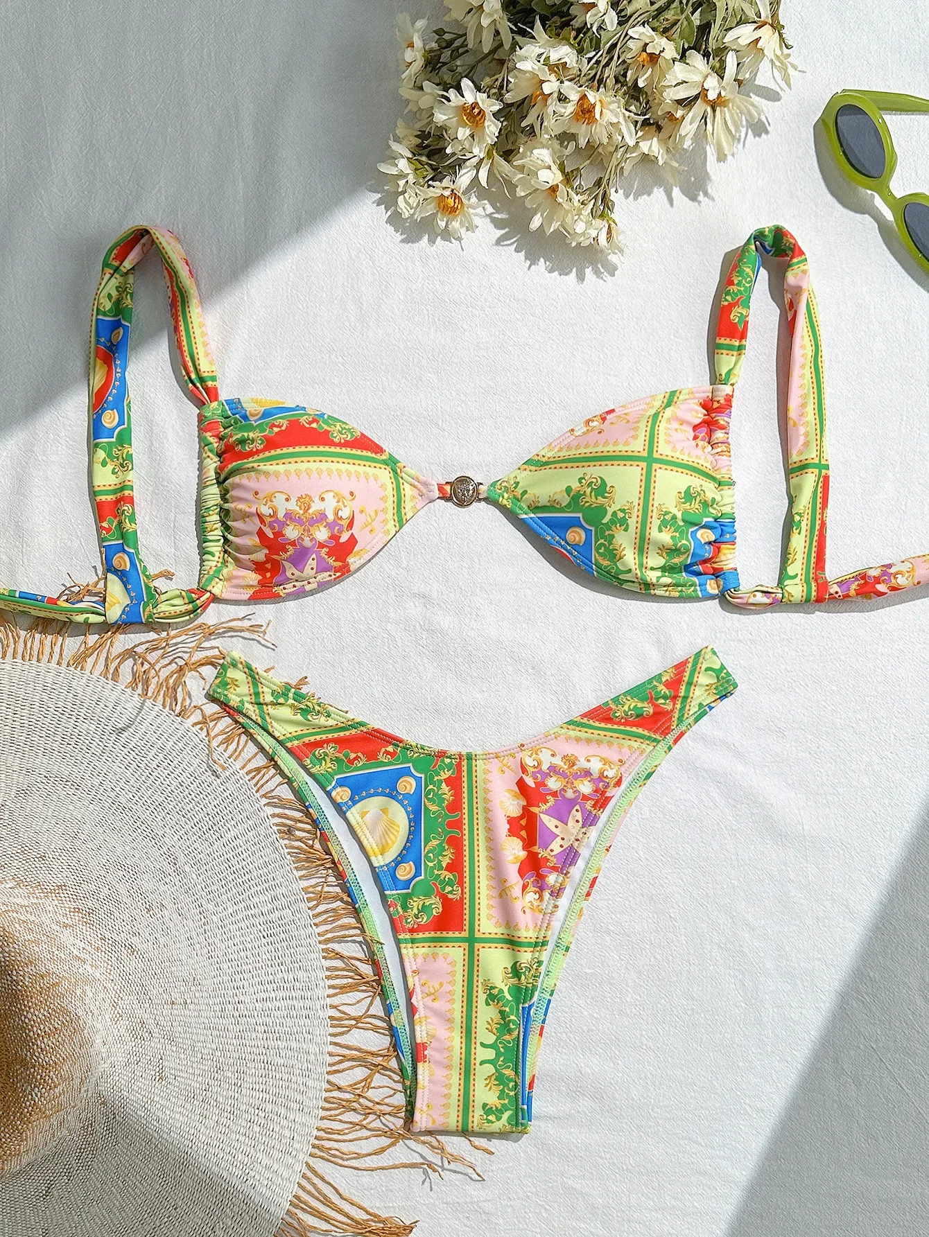 

Vintage Green Floral Print Bikini Set 2025 Sexy Metal Ring Push Up Micro Swimsuit Brazilian Bathing Suit Holiday Thong Swimwear