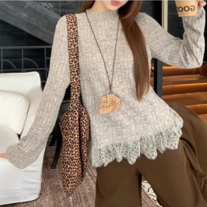 

Korean Lace Splicing Stacked Inside Long-sleeved T-shirt Women's Autumn Loose Design Versatile Bottoming Shirt Top