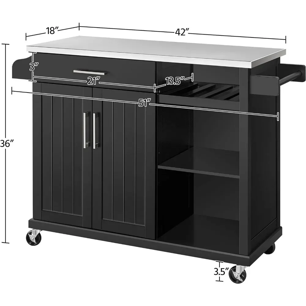 Kitchen Island with Stainless Steel Top and Storage Cabinet,with Drawer&Open Shelves&Wine Rack&Spice Rack, 18"Dx51"Wx36"H,Black