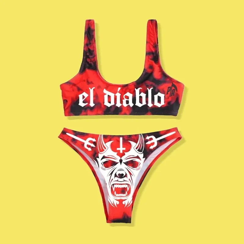 

Комплект бикини El Diablo с принтом в стиле тай-дай, панк-готический купальник с принтом дьявола, летний пляжный купальник для женщин