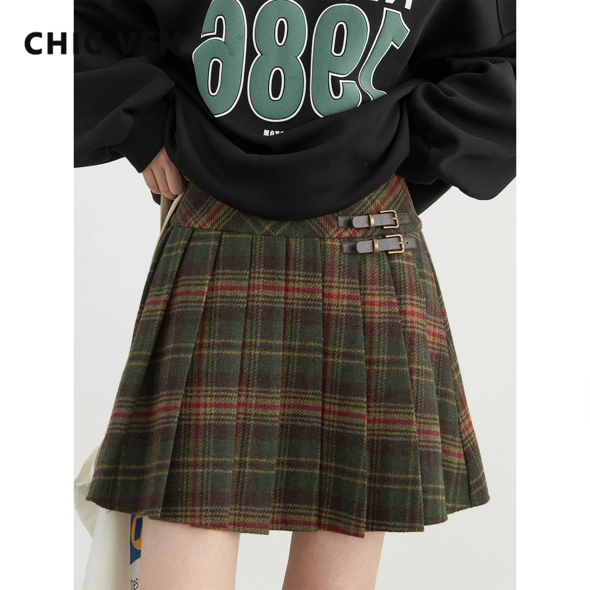 

CHIC VEN Women Skirts High Waist New British College Style Wool Plaid A-line Skirt Pleated Skirt Spring Autumn 2024