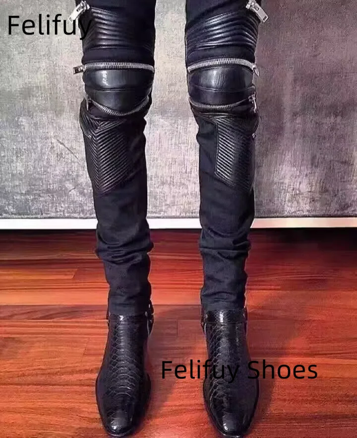 

Zipper Genuine Leather Black Chunky Heel Western Boots Snakeskin Buckle Strappy Men Ankle Boots Trainers Sapatos Shoes Men
