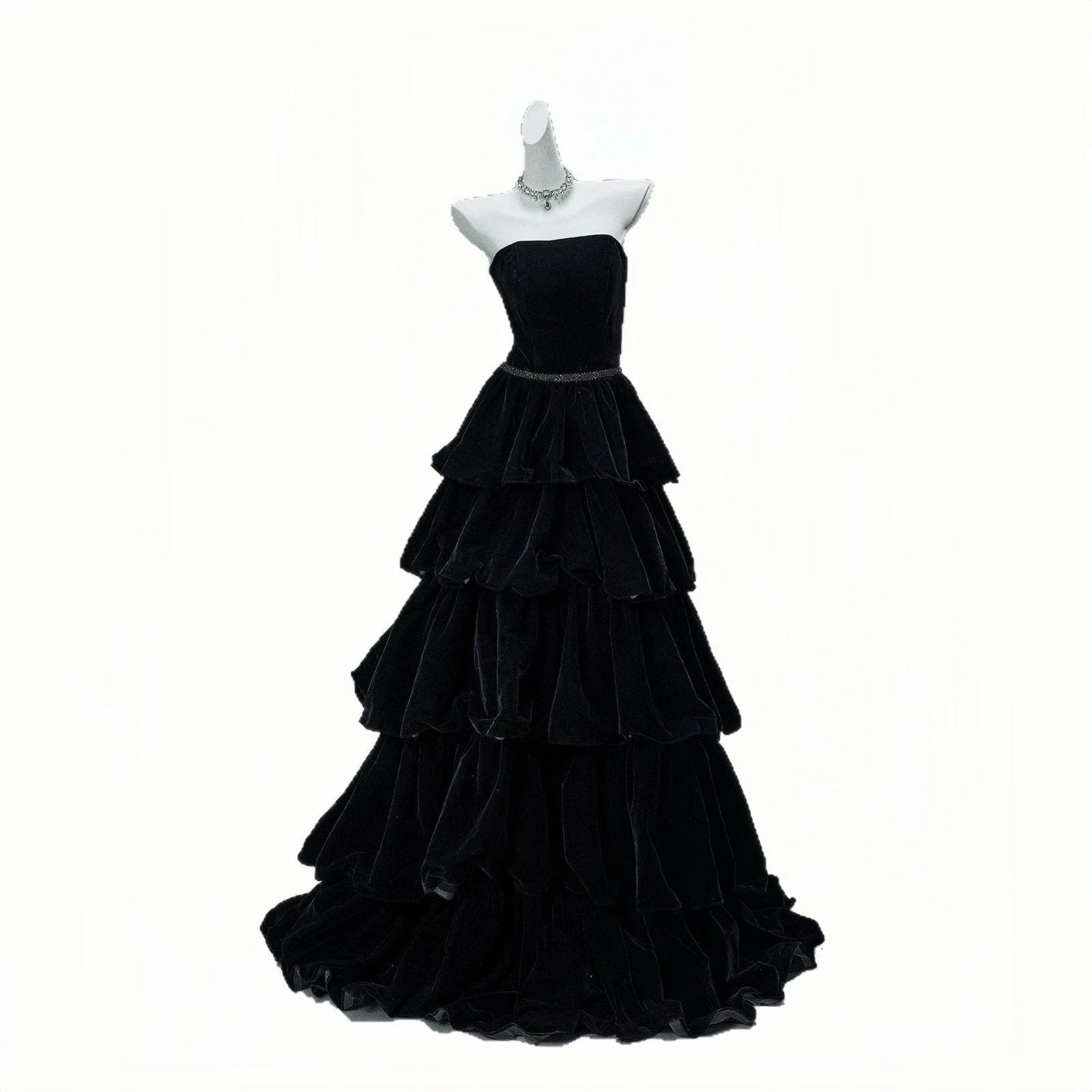 Black Cocktail Dress Strapless Backless A-Line RhineStone Beaded Temperament Long Celebrity Evening Gown for Graduation Banquet