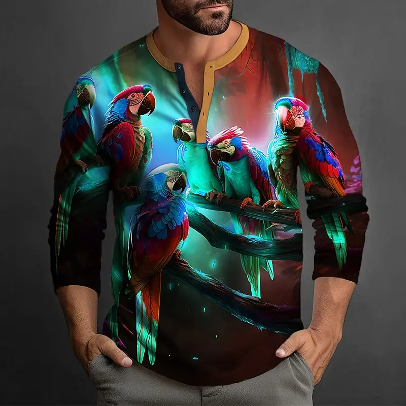 

Fashion Autumn Parrot 3D Printed Henley Shirts Men's Streetwear Oversized Button Long Sleeve T Shirt Male Tees Tops Man Clothing