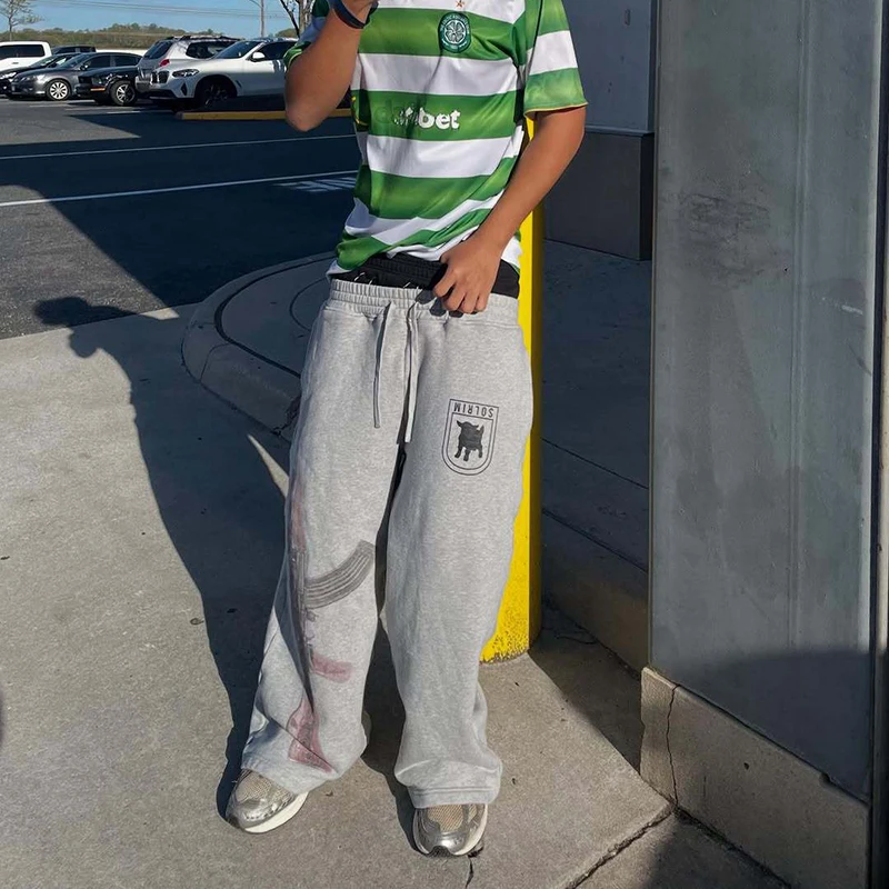 Pantalones informales de calle alta para hombre Y2K, Pantalones rectos Harajuku, pantalones de cintura doble con cabeza de otoño, pantalones con estampado personalizado