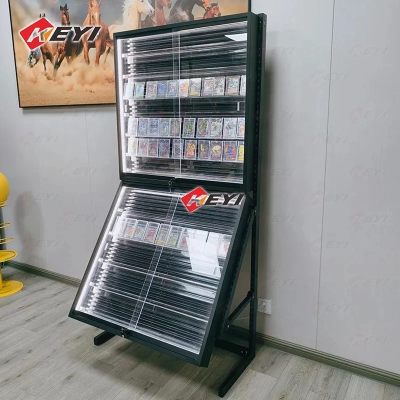 custom.Custom Single and Double Sides Adjustable Rails Shelves Lockable Graded Card Display Rack TCG MTG Trading Card Display Ca
