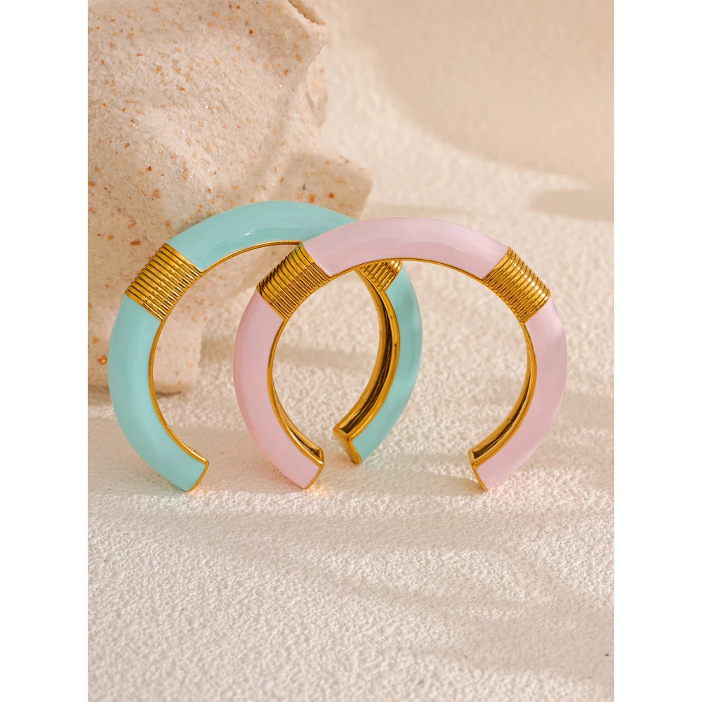 Yhpup Blue Pink Enamel High Quality Cuff Open Bracelet Bangle for Women 18K Gold PVD Plated Fashion Statement Wrist Jewelry Gift
