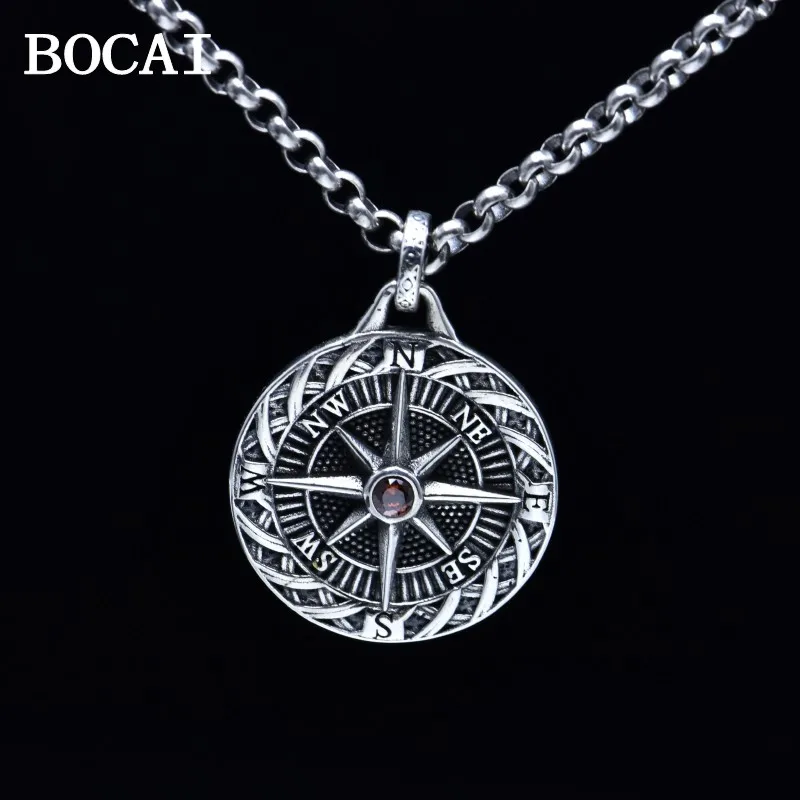 

BOCAI New S925 Sterling Silver Retro Personalized Niche Seaboat Compass Pendant Male Female Gift