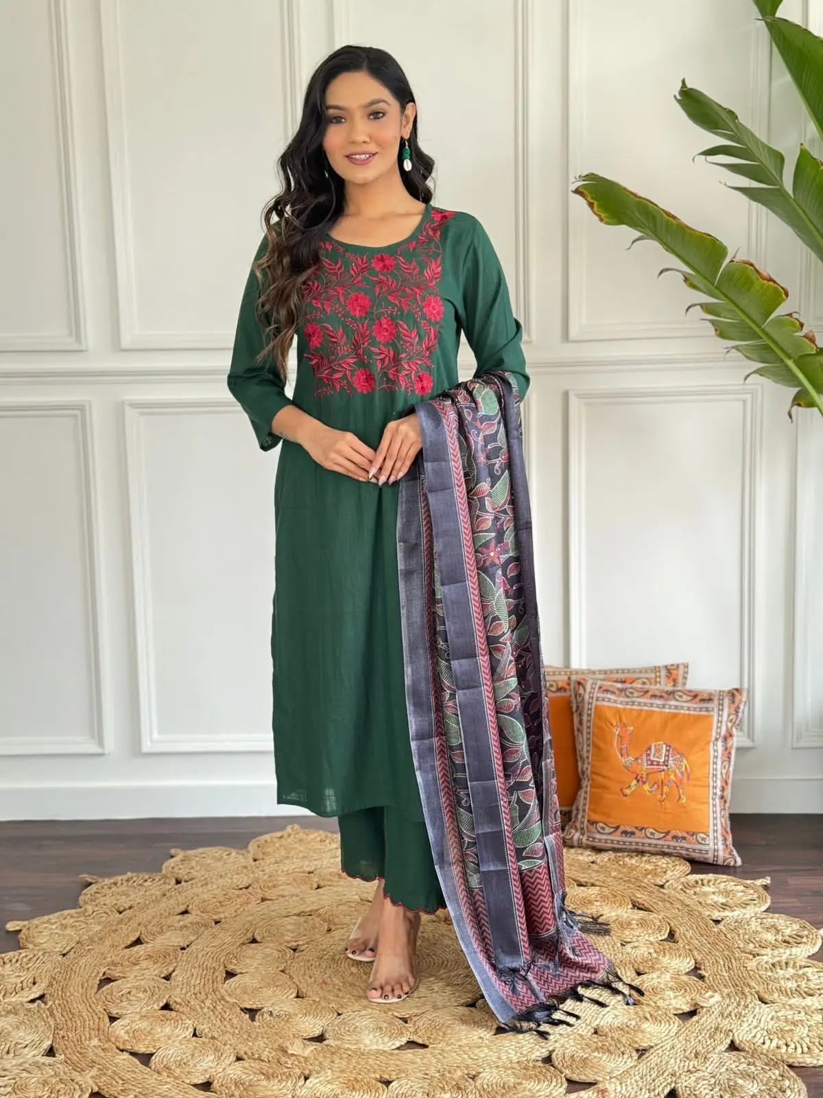 

Khadi Cotton Kurta Pant Dupatta Set Women Cotton Kurti Salwar Suit