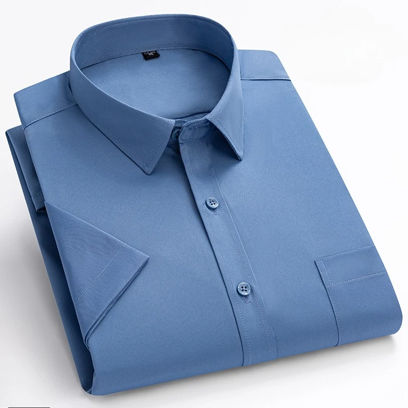 plus size summer elastic thin short sleeve shirts for man slim fit formal plain shirt soft office white tops business clothes