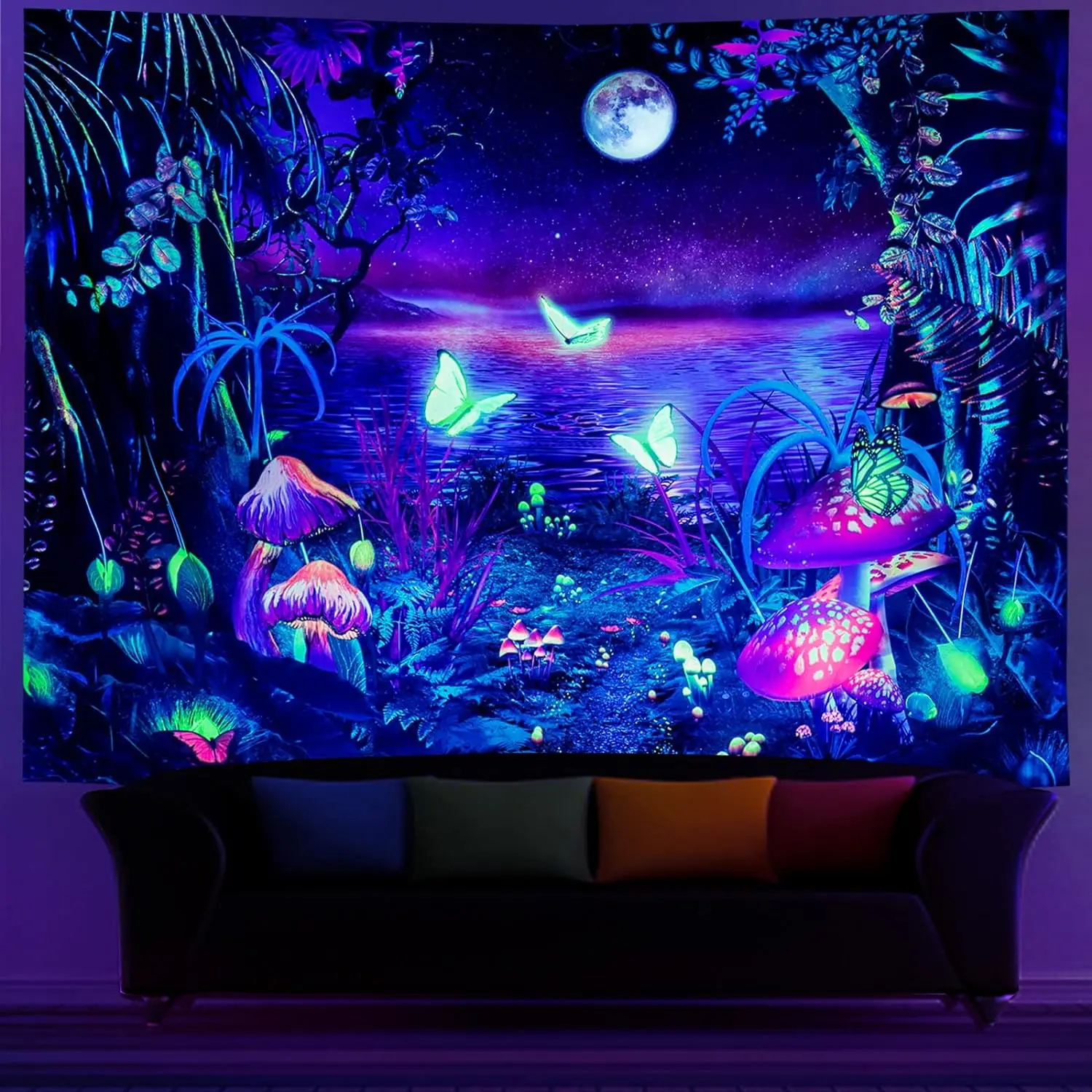 Fantasy Blacklight Forest Starry Night Tapestry Aesthetic Butterfly Moon Tapestry UV Reactive Mushroom Tapestries Galaxy Space