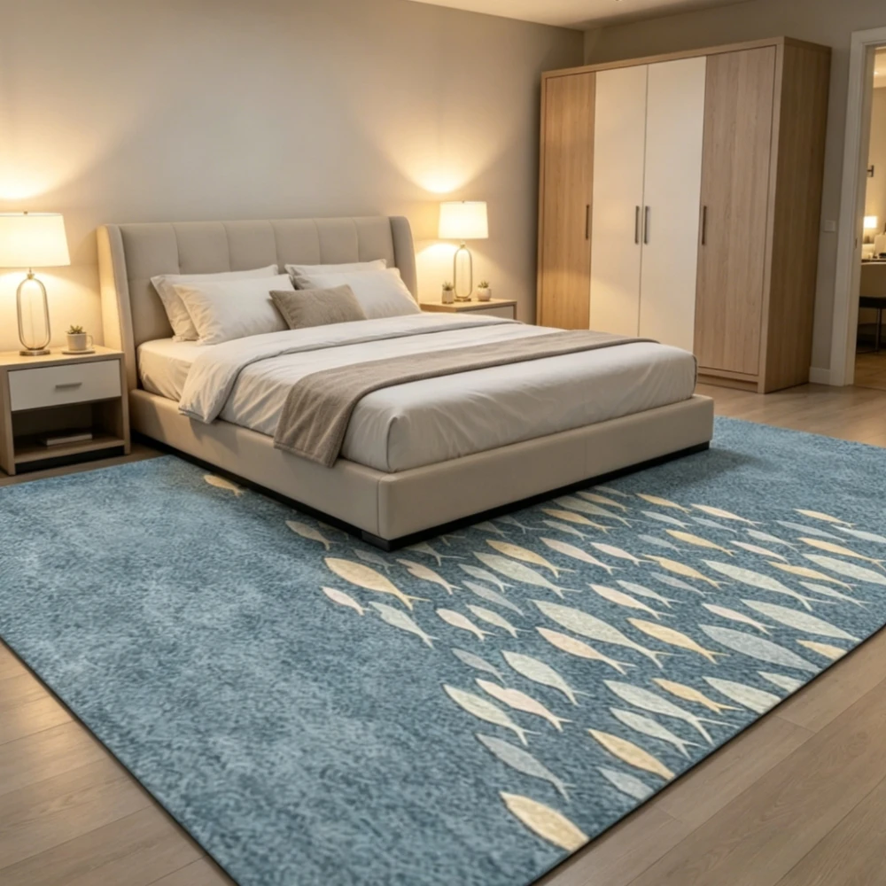 Blue Fish‑Print Area Rug, Durable Non‑Slip Machine Washable Large Floor Mat for Under‑Bed Indoor‑Outdoor Home Ornament