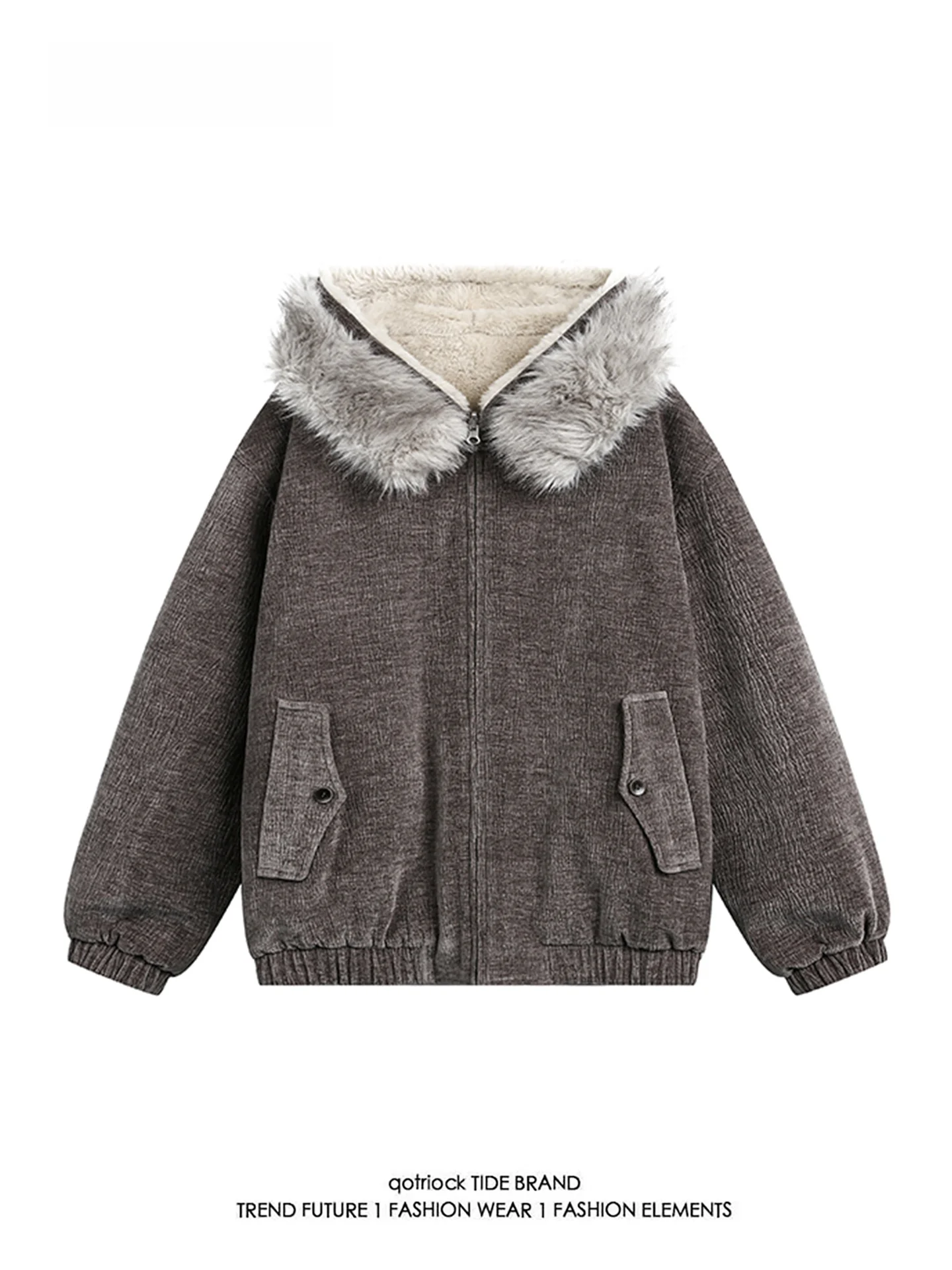 

American Sle Thiened Cotton Jaet Men's Winter Faion Loose Warm Large Fur Collar Cotton Coat Youth Casual Pure Color