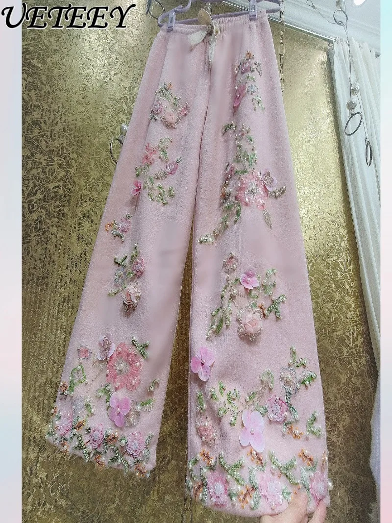 الفاخرة الراقية الخريف الشتاء الثقيلة الترتر ثلاثية الأبعاد زهرة السراويل الجنية الصوف مبطن المرأة عادية عالية الخصر واسعة الساق السراويل #5