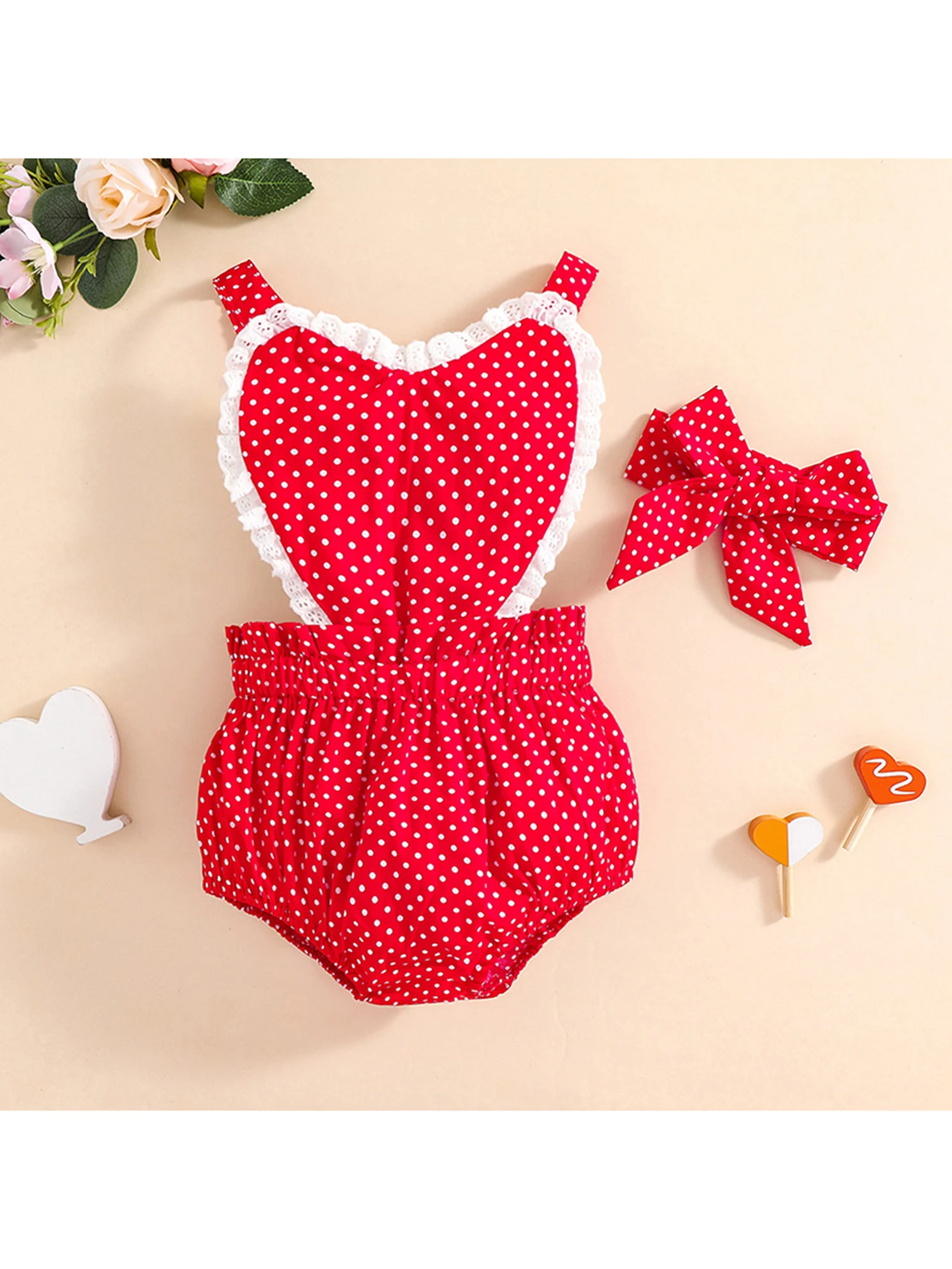 

Toddler Girl s Polka Dot Suspender Romper Set with Matching Headband - Adorable Heart and Triangle Print Jumpsuit