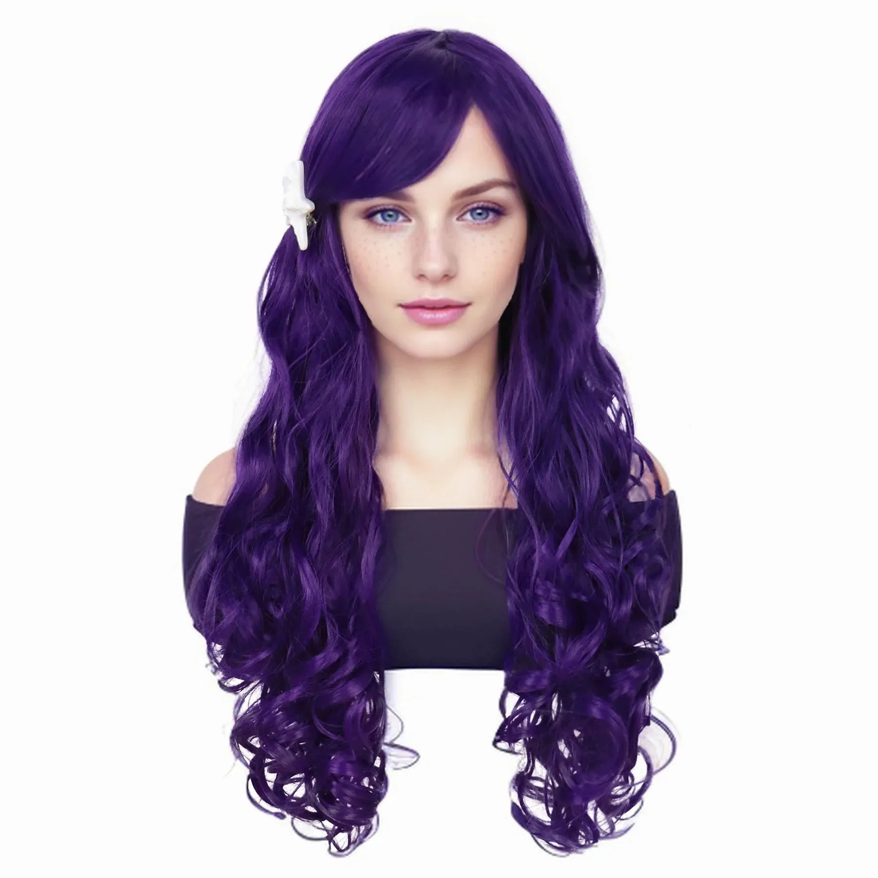 ? Siya Purp Purple COSPLAY  FESTIVAL Wig?*NWT* 24 Inch Dark Purple Wig with Bangs Long Wavy Curly Hair  main image 3