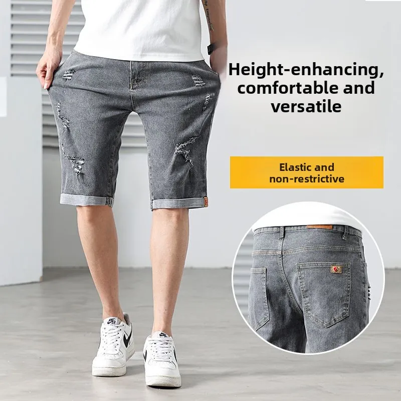 

Модные мужские рваные джинсы свободного кроя большого размера, прямые брюки-пятичетверти, повседневные летние тонкие джинсы средней длины