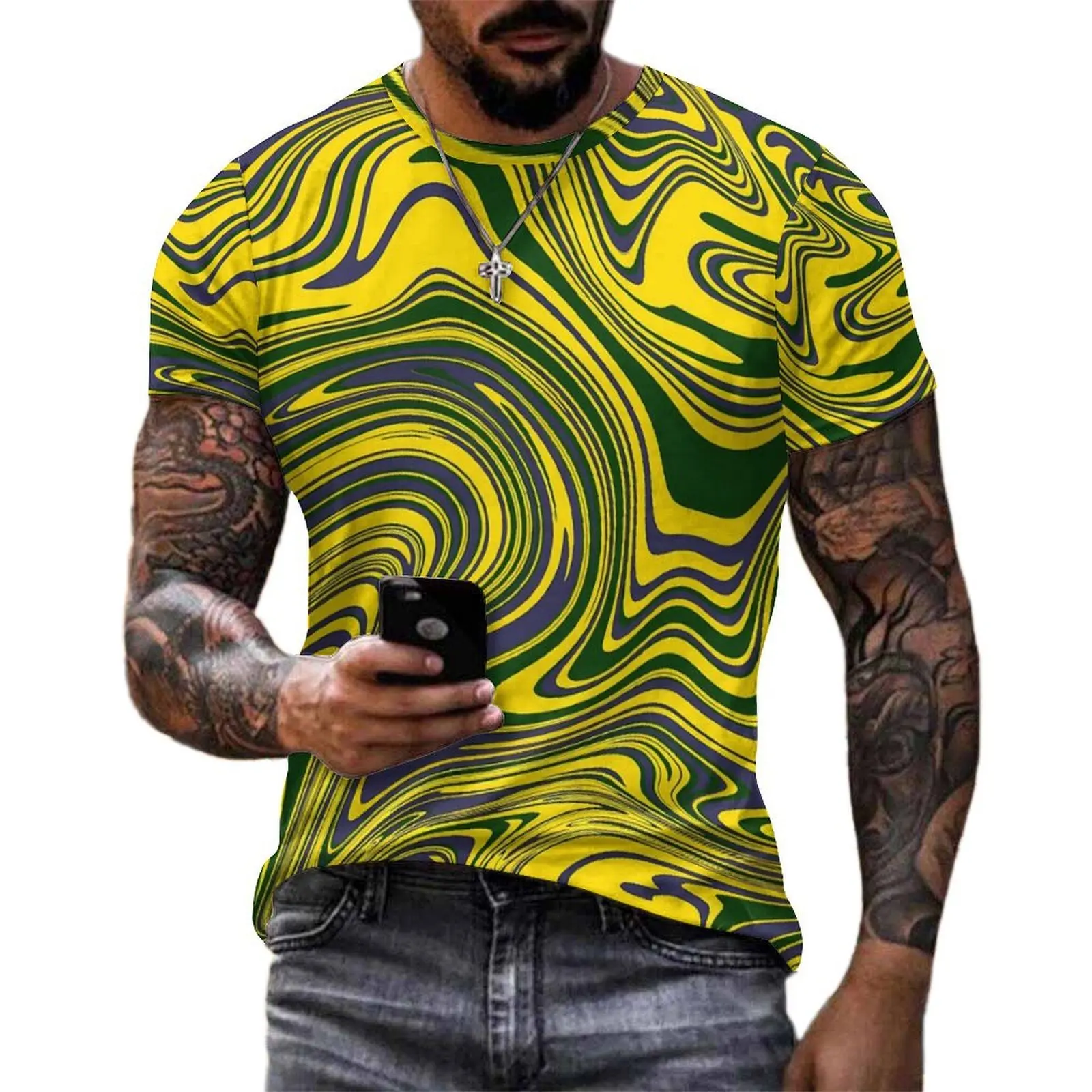 Man Swirls Print T-Shirt Yellow Green Purple Popular T-Shirts Short Sleeve Graphic Tshirt Summer Street Style Plus Size Tees