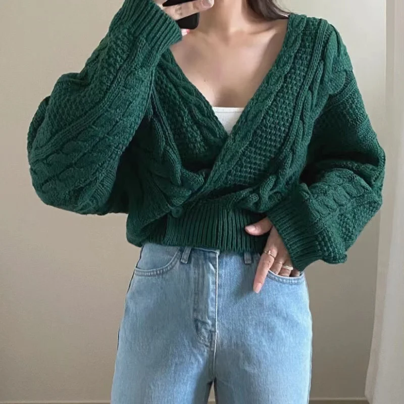 

Casual Knitting Fried Dough Twists Solid Color Long Sleeve Shirt Women Autumn Winter V Neck Vintage Loose Sweater Coat Chic Top