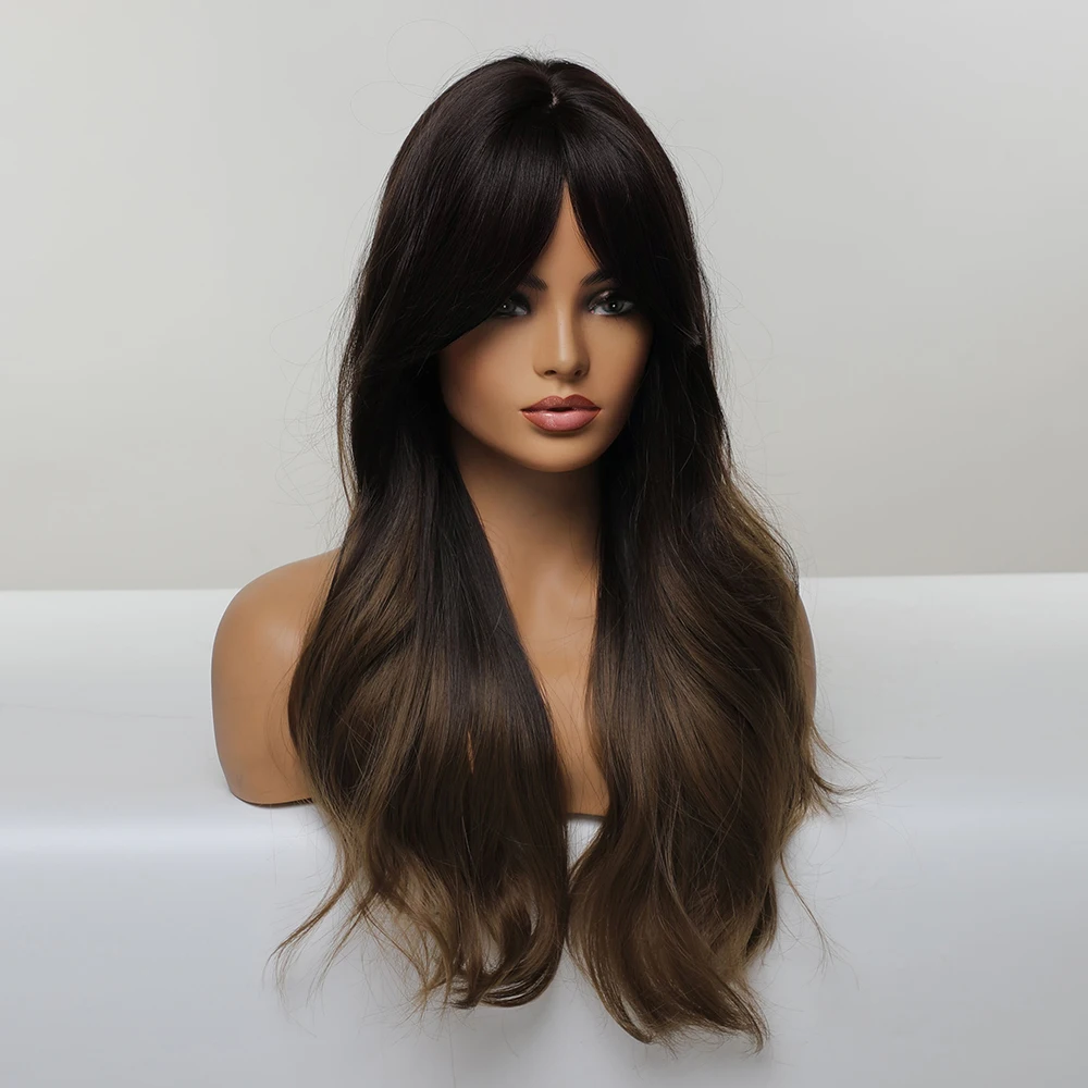 Emmor-Perruque Synthétique Longue Ondulée avec Frange pour Femme, Fibre Haute Température, Ombre Naturelle, Marron à Blond Foncé