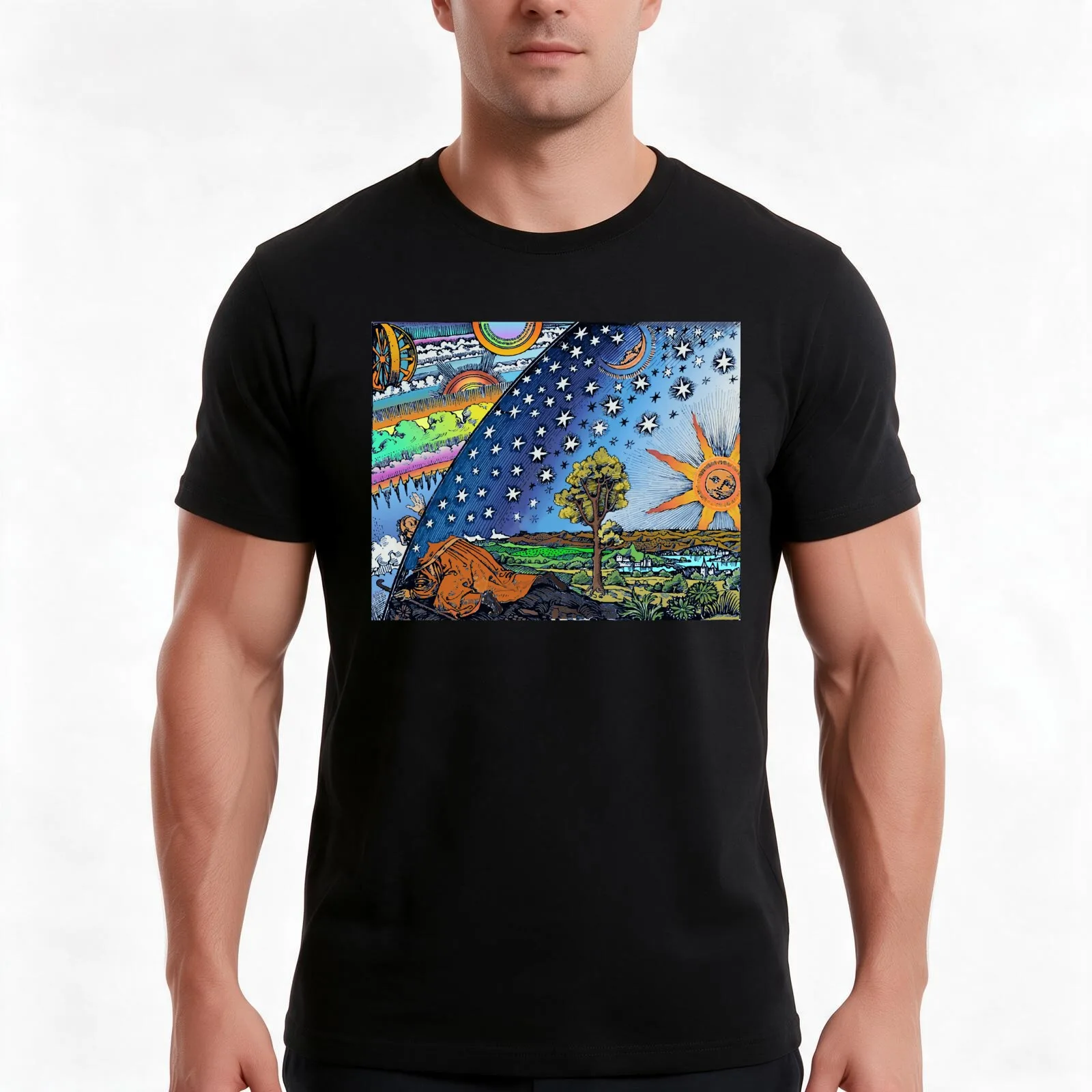 Flammarion Woodcut Flat Earth Design T-Shirt, Summer Casual Cotton Tee, Oversized Streetwear Tops, Vintage Graphic Print