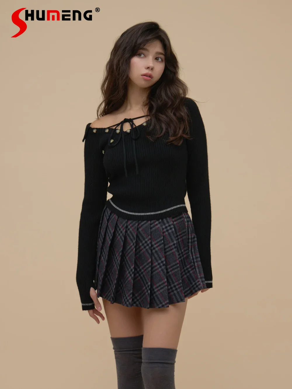 

Новинка Весна 2026: Женский облегающий свитер с открытыми плечами, сексуальный, с завязками, вязаный топ, женский пуловер, повседневный свитер для женщин