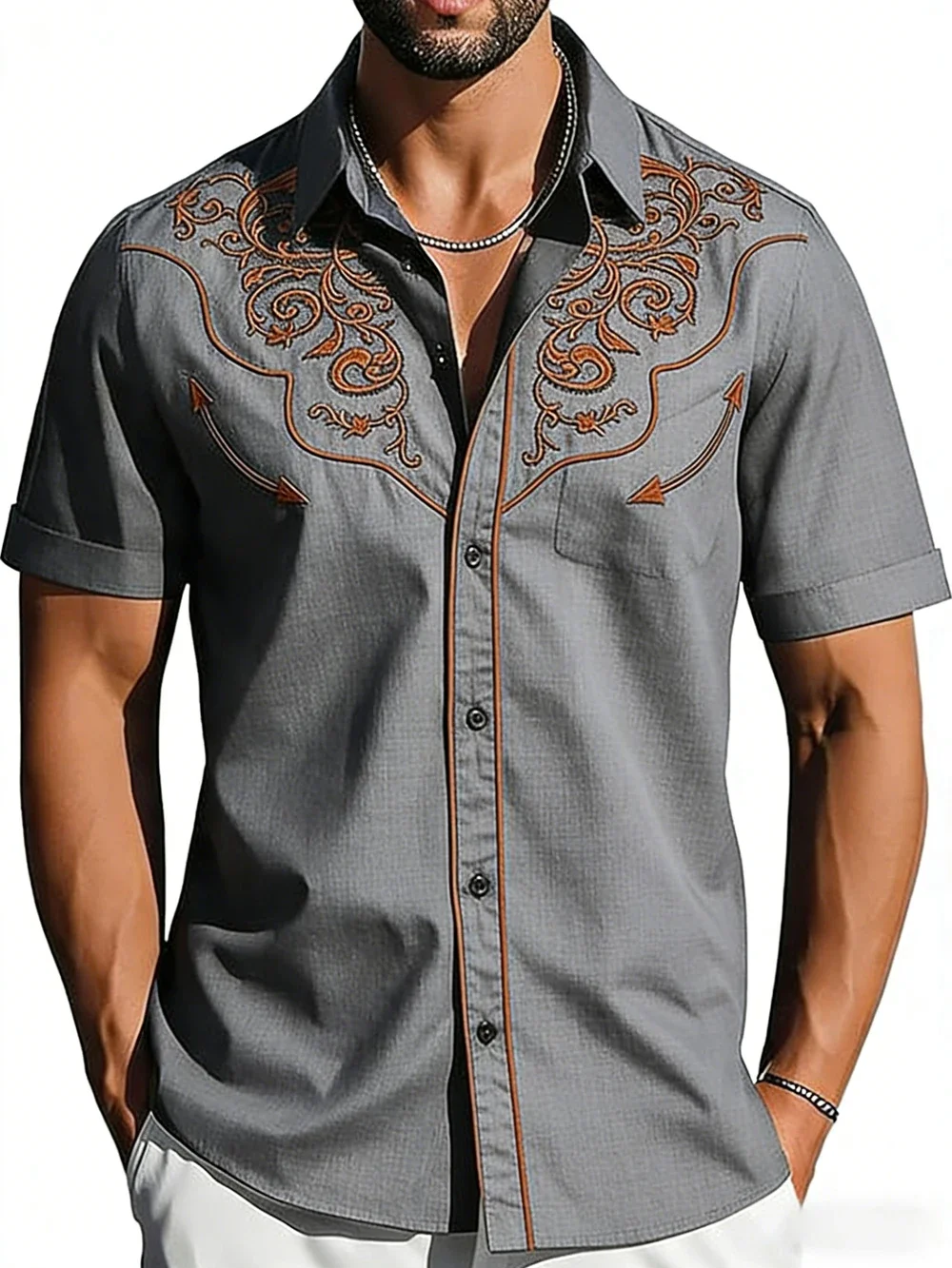 Men's Country Style Short Sleeve White Shirt Western Denim HD 3D Printed Black Shirt Hawaiian Vacation Performance Top for Men