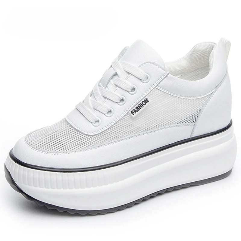 Sapatilhas de couro genuíno para mulheres, sapatos de malha aérea, apartamentos de lazer, primavera, outono, verão, casual, 8cm