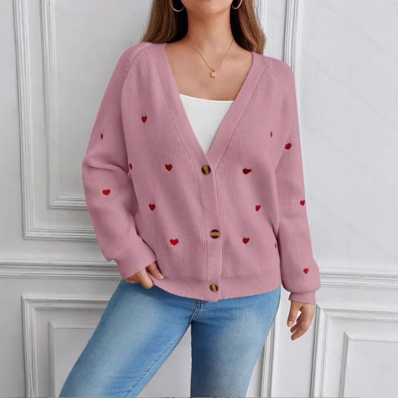 

Love Embroidered Knitted Coat Autumn and Winter Single Breasted V-neck Sweater Cardigan for Women