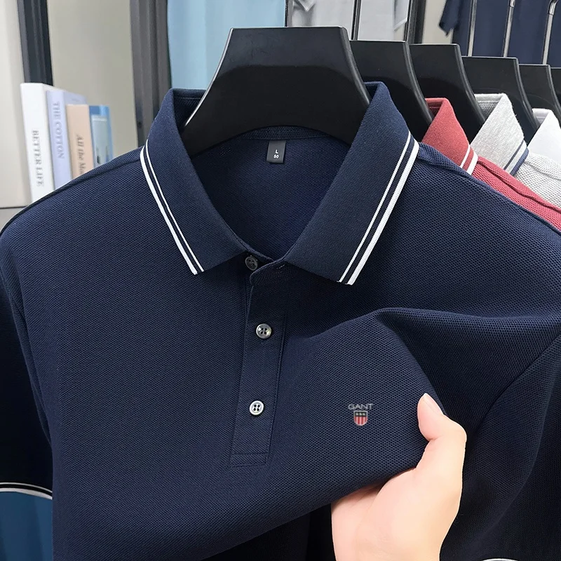 Sommerliches, exquisit besticktes Kurzarm-POLO-Shirt für Herren, 100% Baumwolle, atmungsaktiv, gestreiftes Revers, Alltags-Business-Casual-T-Shirt