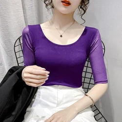 Women's Mesh Perspective Sexy Shirt Short Sleeve O-neck T-shirt S-2XL Purple Khaki Green Red Black White Female Blouses Tops